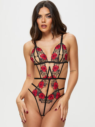 Caged Rose Crotchless Lingerie Body - Black