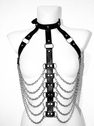 Faux Leather Open Cup Harness with Chains