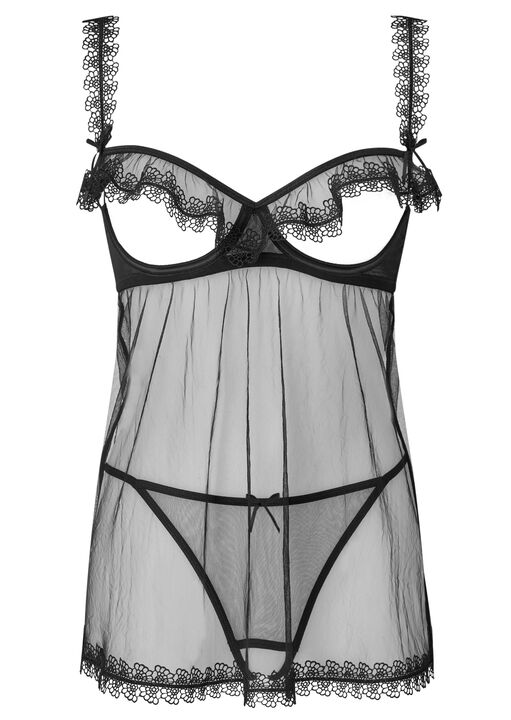 Slow Tease Open Cup Crotchless Babydoll Lingerie 2 Piece Set image number 6.0