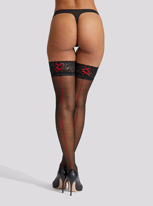 Lace Top Seamed Glossy Hold Ups - Black/Red