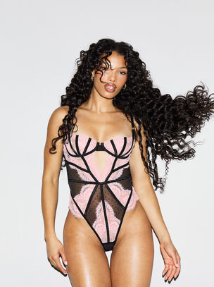 Secret Seduction Lace Crotchless Lingerie Body - Black/Pink