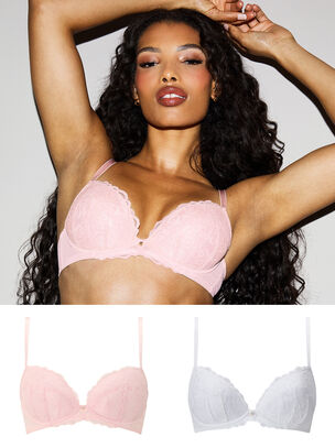 Sexy Lace Padded Plunge Bra - Pack of 2 - White/Blush