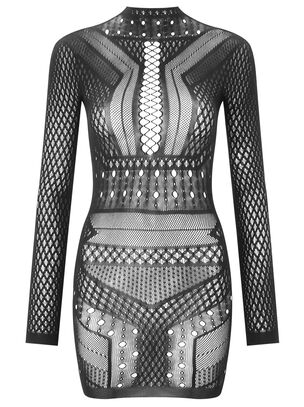 Janelle Lace Mini Fishnet Dress - Black