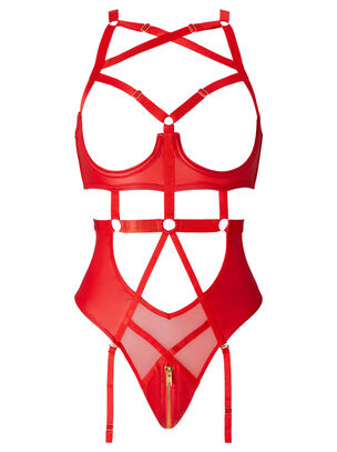 Minx PU Open Cup Crotchless Lingerie Body - Red