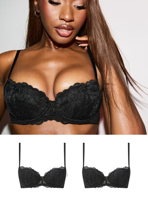 Sexy Lace Padded Balcony Bra - Pack of 2 - Black