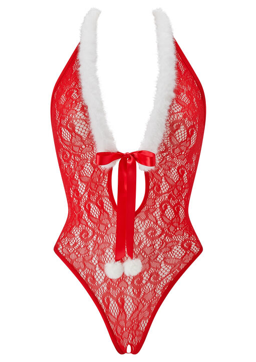 Winter Wonderland Lace Crotchless Body with Faux Fur Trim image number 4.0