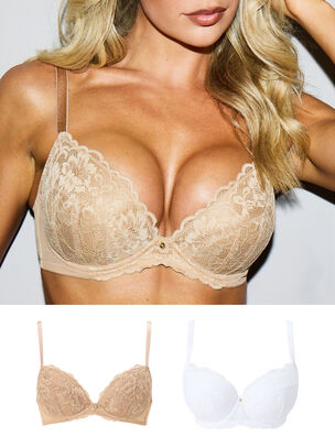 Sexy Lace Padded Plunge Bra - Pack of 2 - White/Nude