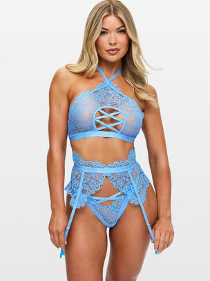 Lyra Lace Crotchless Lingerie 3 Piece Set - Light Blue