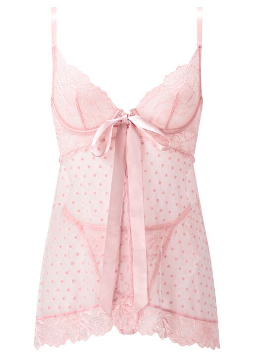 Bon Bon Flocked Heart Babydoll 2 Piece Lingerie Set image number 5.0