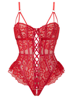 Boudoir Tease Lace Crotchless Teddy Lingerie - Bright Red