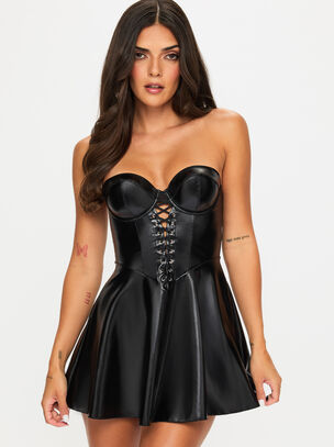 Electra PU Lace Up Detail Skater Dress - Black