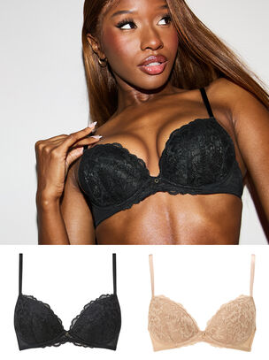 Sexy Lace Padded Plunge Bra - Pack of 2 - Black/Nude