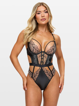 Tempting Touch Embroidered Crotchless Lingerie Body - Black