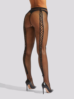 Lace Up Detail Fishnet Crotchless Tights - Black