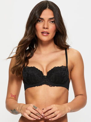 Sexy Lace Padded Balcony Bra - Black
