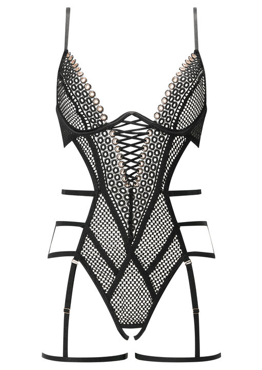 Seductive Aura Guipure Fishnet Crotchless Lingerie Body image number 5.0