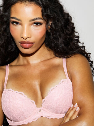 Sexy Lace Padded Plunge Bra - Pale Pink