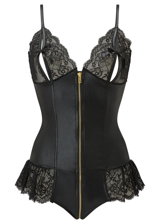 Tasha PU Peep Hole Zip Through Crotchless Teddy Lingerie image number 5.0