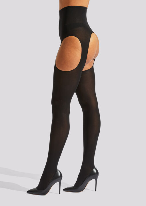 High Waisted Crotchless Glossy Tights Black image number 1.0