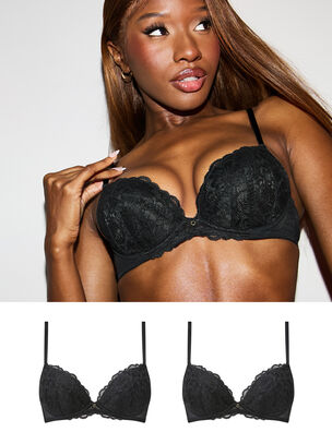 Sexy Lace Padded Plunge Bra - Pack of 2 - Black