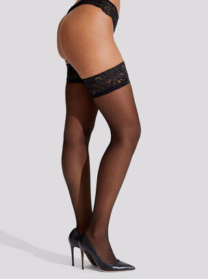 Lace Top Glossy Hold Ups - Black
