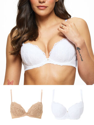 Sexy Lace Padded Plunge Bra - Pack of 2 - White/Nude