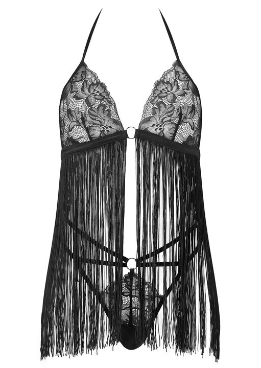 Fringe Fantasy Lace Crotchless Babydoll Lingerie 2 Piece Set image number 4.0