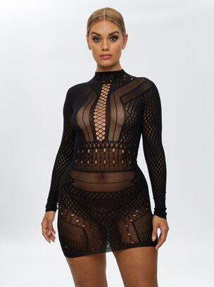 Janelle Lace Mini Fishnet Dress - Black