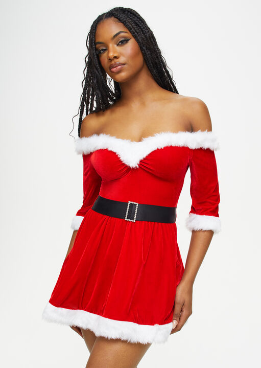 Ann Summers Red Sexy Santa Velvet Bardot Dress With Faux Fur Trim, L