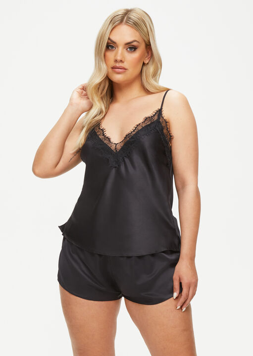 Ann Summers Black Cerise Satin Lace Trim Cami Top & Shorts Set, M