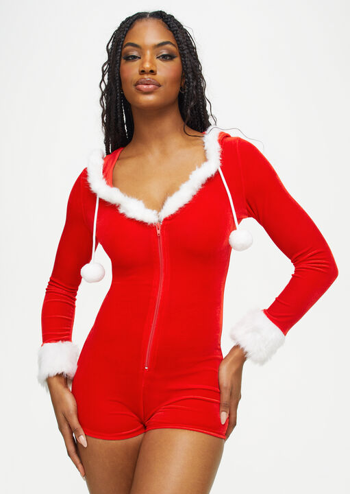 Ann Summers Red Sexy Santa Velvet Christmas Teddy Lingerie With Hood, L