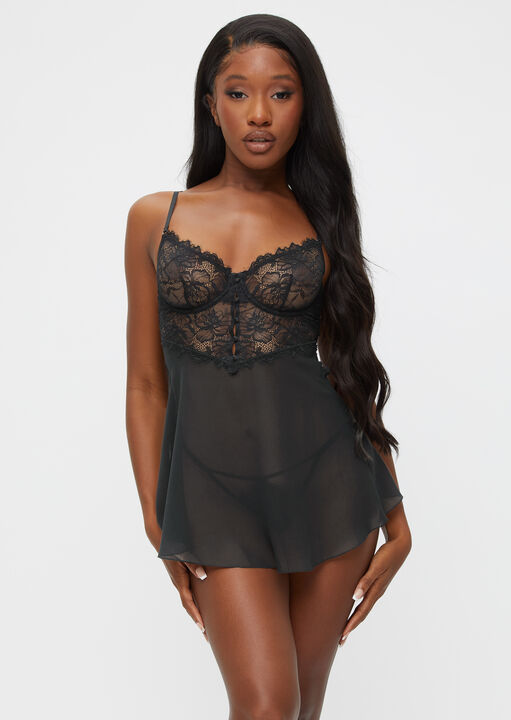 Ann Summers Red Iris Lace Underwi Babydoll Lingerie 2 Piece Set, Black L