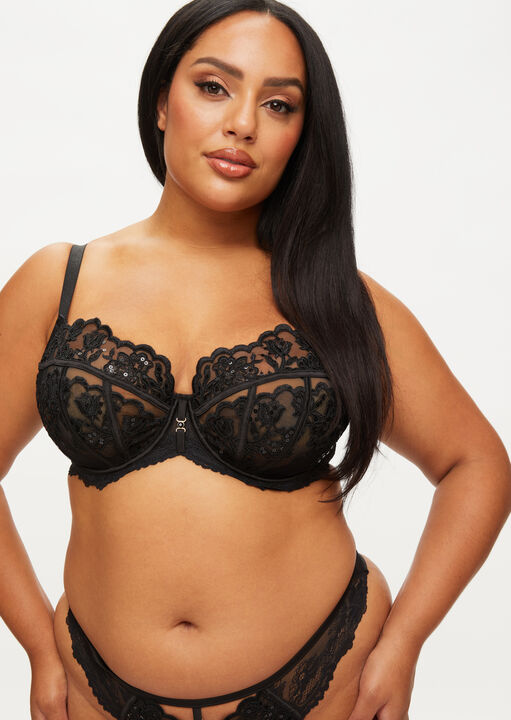 Ann Summers Black Icon Sequin Fuller Bust Non Padded Balcony Bra, 36G
