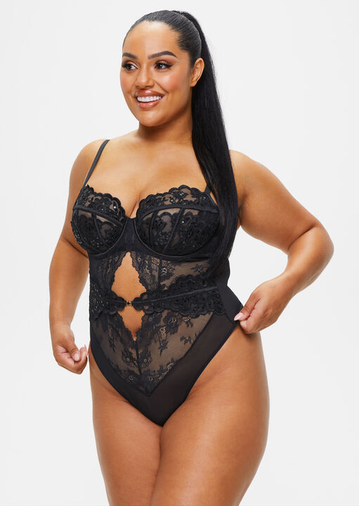 Ann Summers Black Icon Fuller Bust Padded Sequin Lingerie Body, 44F