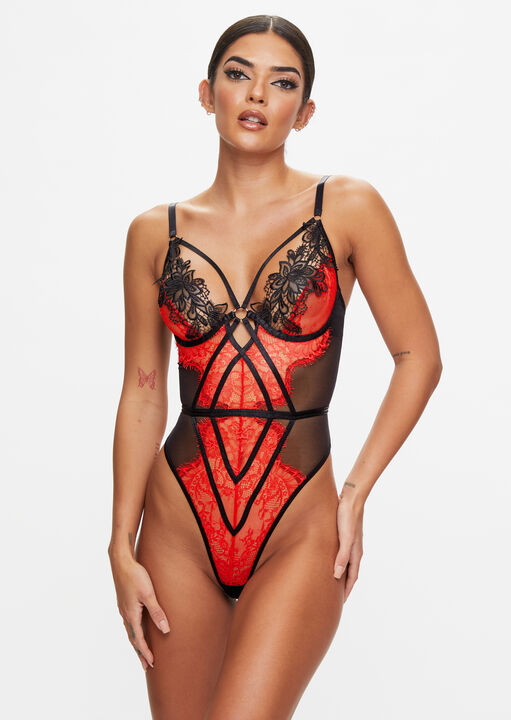 Ann Summers Red Lovers Secret Lace Crotchless Lingerie Body, Black/ M