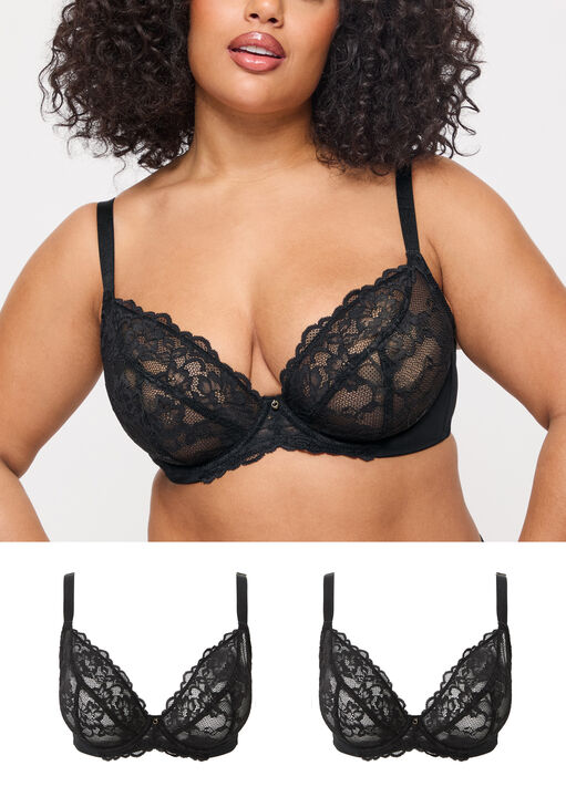 Ann Summers Black Sexy Lace Non Padded Fuller Bust Plunge Bra Pack Of 2, 38G