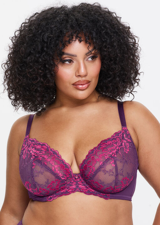 Ann Summers Dark Purple Sexy Lace Fuller Bust Non Padded Plunge Bra, 32E - Image 1