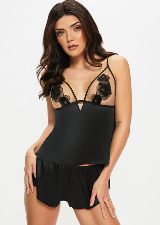 Ann Summers Black Delphine Satin Cami Top & Shorts Set, S