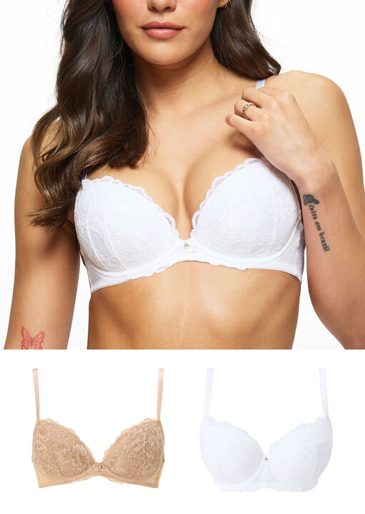 Ann Summers White Sexy Lace Padded Plunge Bra - Pack Of 2, /Nude 44D
