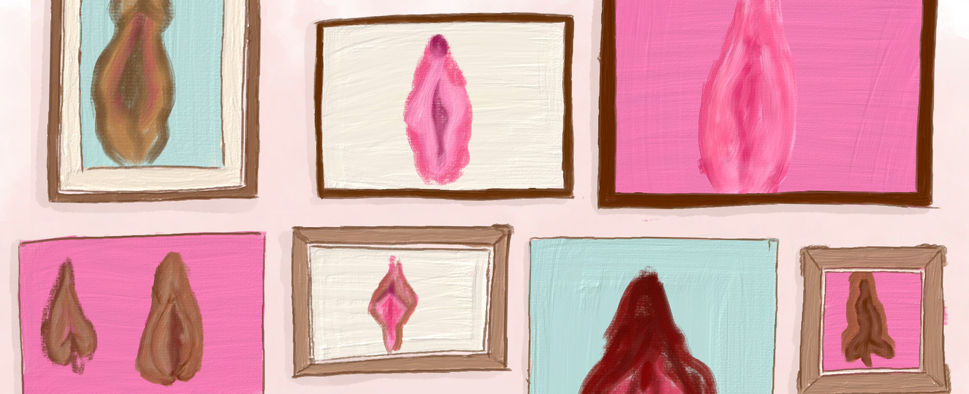 A gallery wall of illustrated Vulvas