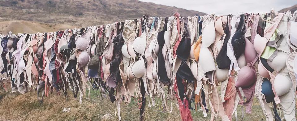Various coloured Bras hanging on a line
