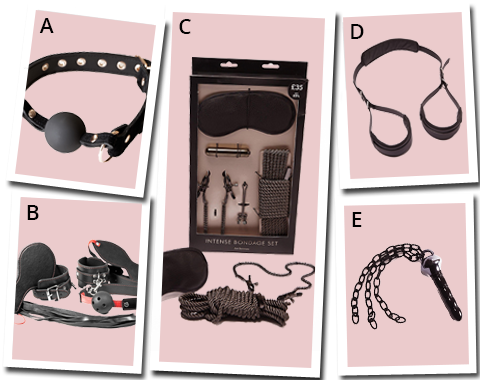 Domination & Submission - Ball Gag, Bondage set, Leg Strap & Dildo Flogger