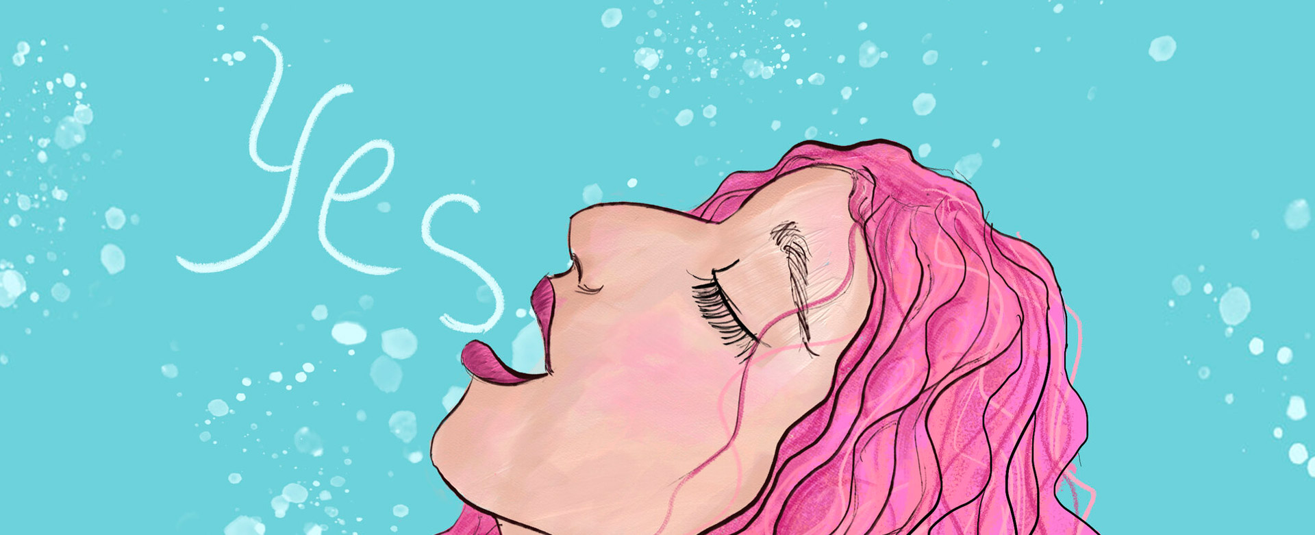 A woman with pink hair titlt her head back the word yes floats from her mouth