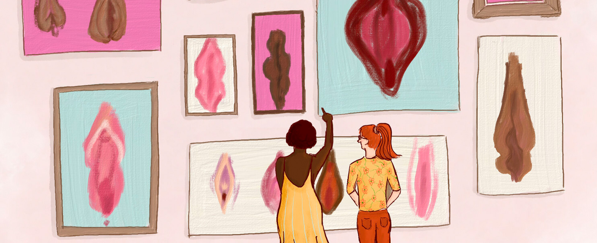 Illustration of two women looking at paintings of vulvas in a gallery